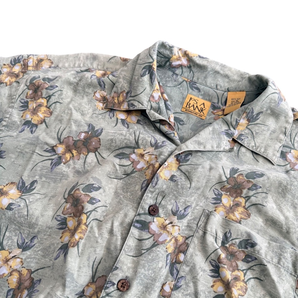 Jos A Bank Mens XL Silk Floral Button Down Shirt‎ Green Herringbone Short Sleeve